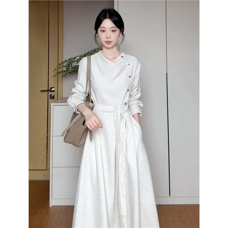 2025早秋新款法式慵懒长袖连衣裙堆堆领气质淡人高知老钱风穿搭