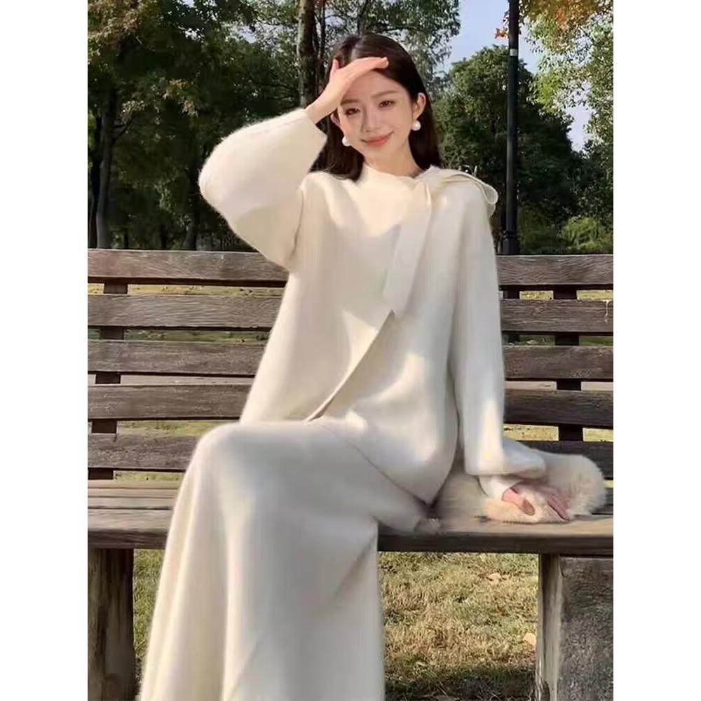 秋冬端庄大气名媛气质高级感温柔小香风白色针织毛衣连衣裙套装女