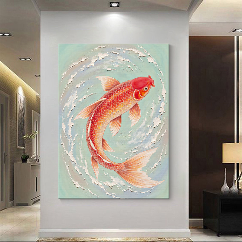 现代红色锦鲤鱼客厅肌理感装饰画2025新款入户玄关挂画电表箱遮挡