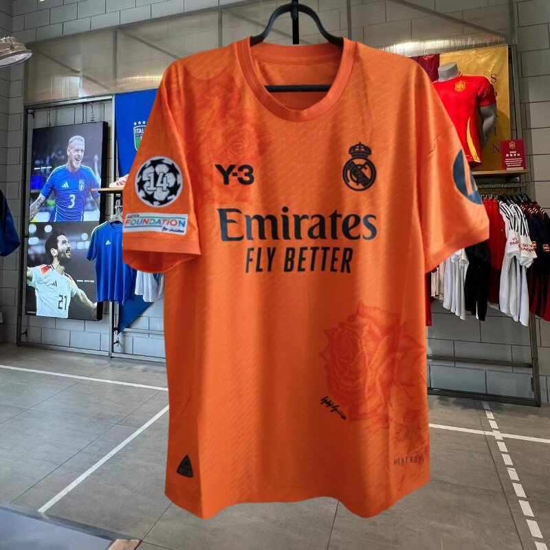 正品2024皇马y3球衣5号贝林厄姆10号莫德里联名纪念版橘色足球服