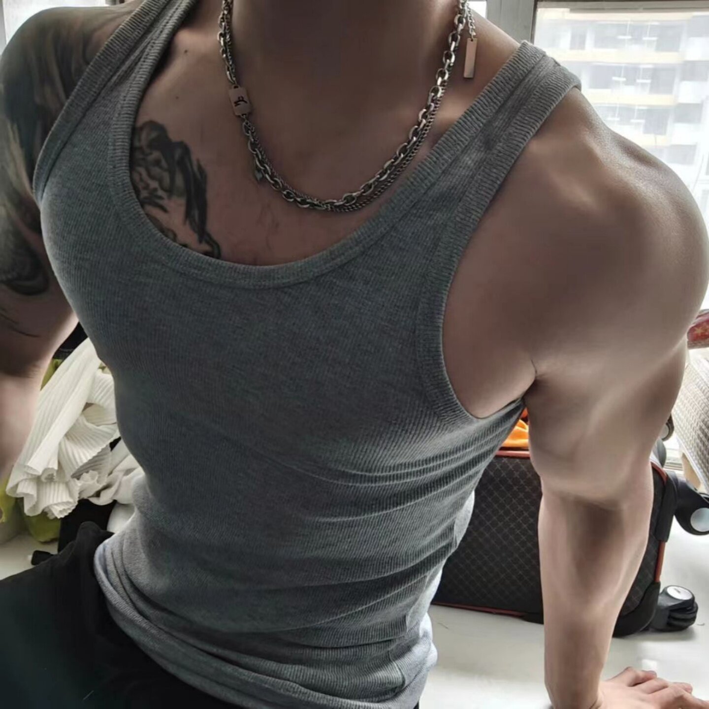 夏季美式背心重磅粗螺纹紧身显大训练运动健身肌肉坎肩潮男款吸汗