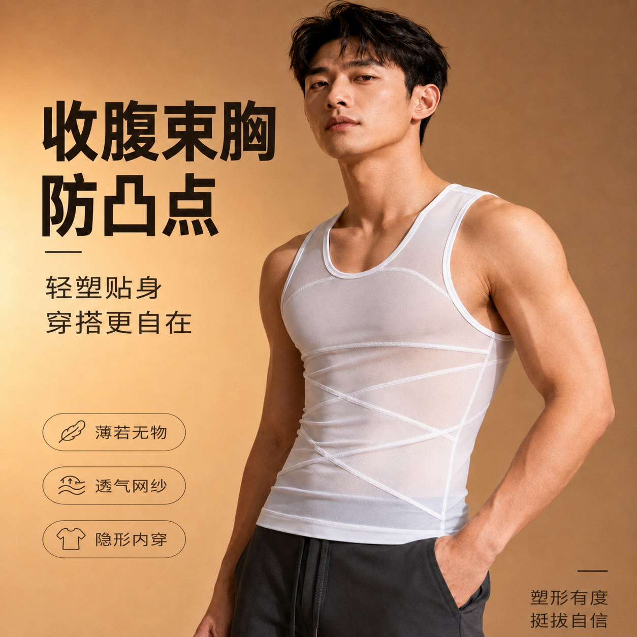 男士防凸点背心隐形无痕束胸超薄透气塑身衣藏肉神器紧身收腹内衣