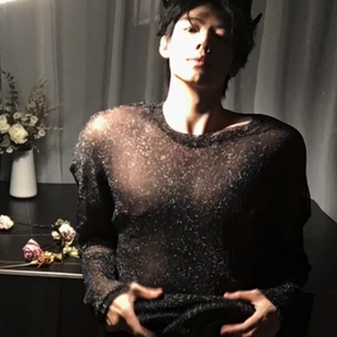 禁欲系黑色网纱罩衫男模夜店风星空亮点长袖轻薄微透珠光蕾丝t恤