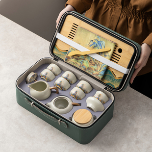 汝窑旅行功夫茶具套装家用户外便携式一壶六杯高档泡茶壶盖碗茶杯