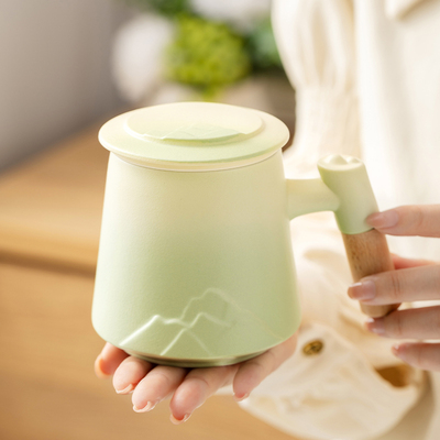 渐变色陶瓷泡茶马克杯带盖过滤水杯大容量办公室茶水分离杯子定制