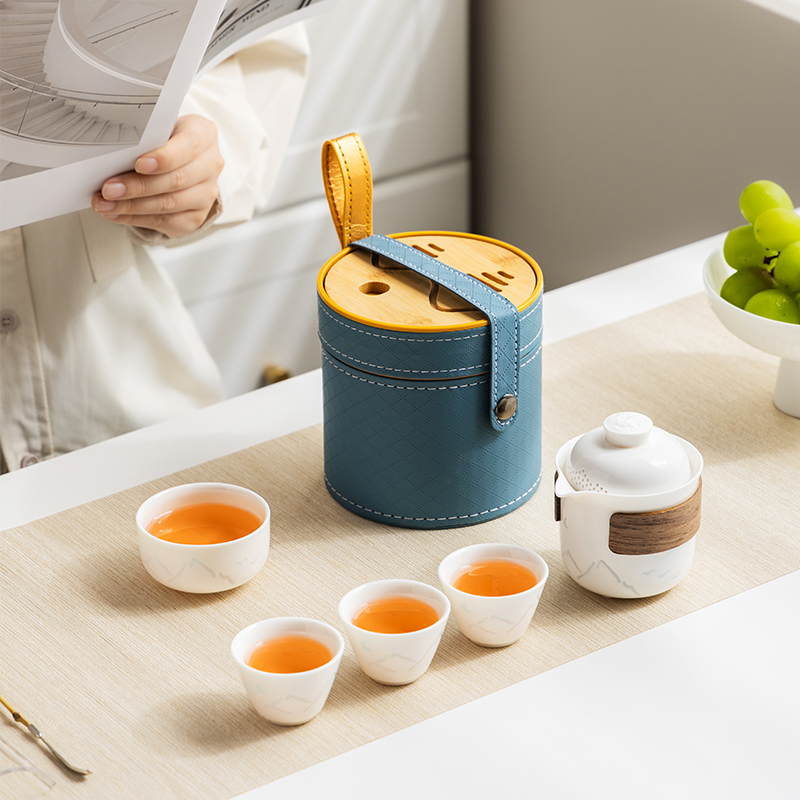 羊脂玉瓷玲珑旅行茶具套装一人饮户外便携式快客杯一壶四杯泡茶壶
