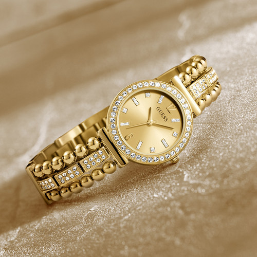 正品盖斯满天星金色女表创意满钻手镯石英表GUESS腕表GW0401L2