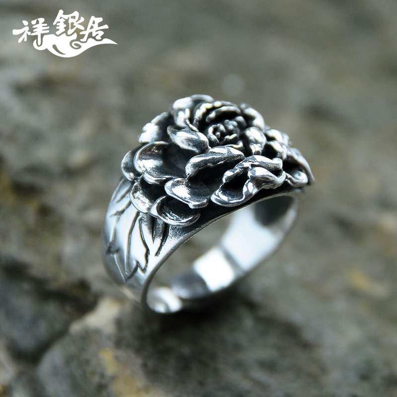 祥银居S999足银手工 复古个性玫瑰花银戒指环 情侣对戒民族风 纯