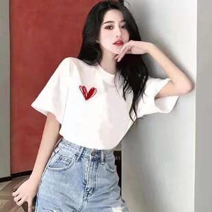 袖t恤女ins潮春装爱心款女宽松印花韩版港风简约上衣百搭学生