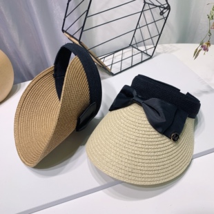 蝴蝶结空顶帽子女夏季M标草编防晒太阳帽海边出游沙滩遮阳帽 草帽