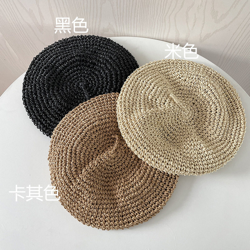 手工编织草编贝雷帽女夏季潮薄款防晒草帽钩针遮阳海边度假帽子