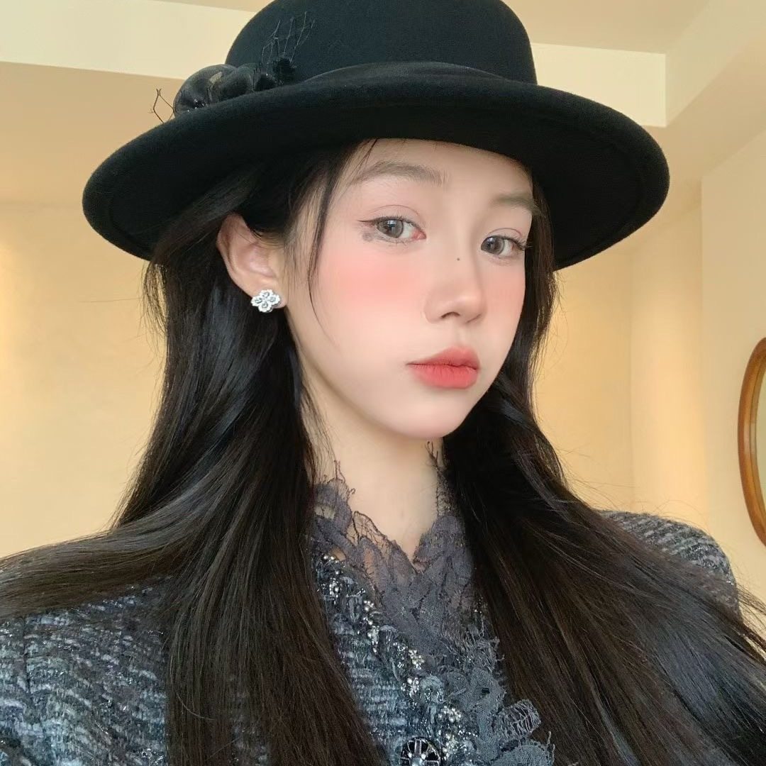 法式复古优雅平顶礼帽女小众千金风高雅时尚羊毛呢帽子秋冬季盆帽