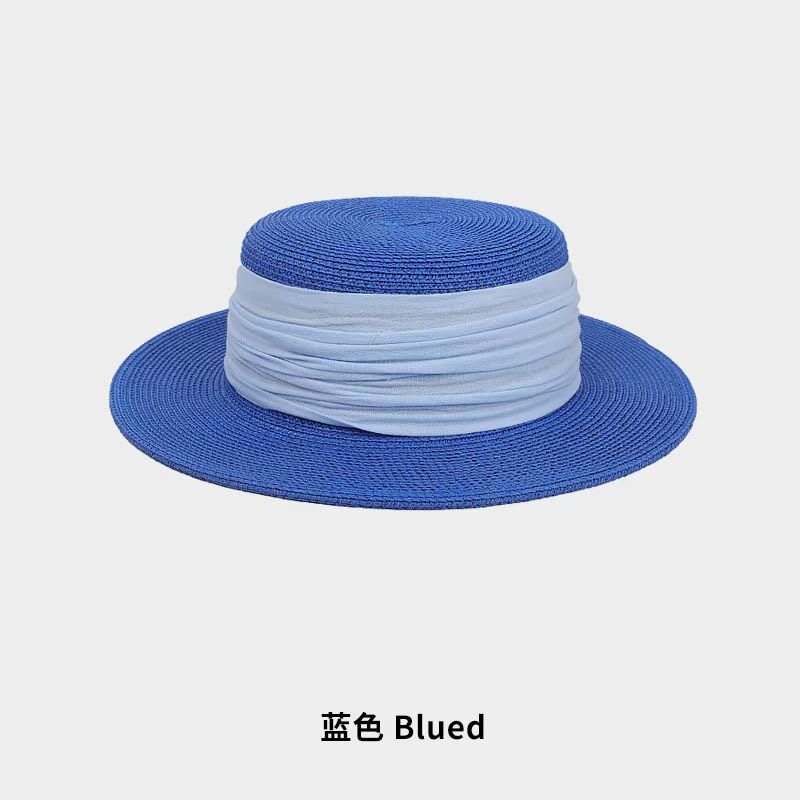 法式蓝色宽织带平顶草帽女夏季海边度假防晒遮阳百搭显脸小太阳帽