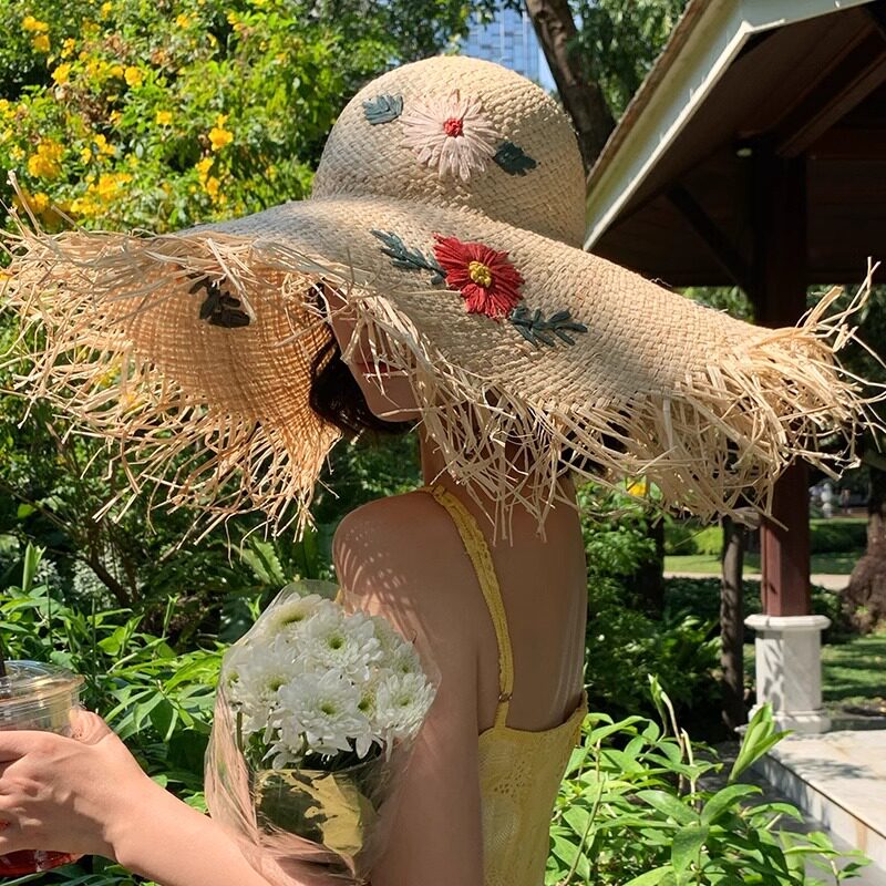 大帽檐遮阳帽女夏季手工拉菲草