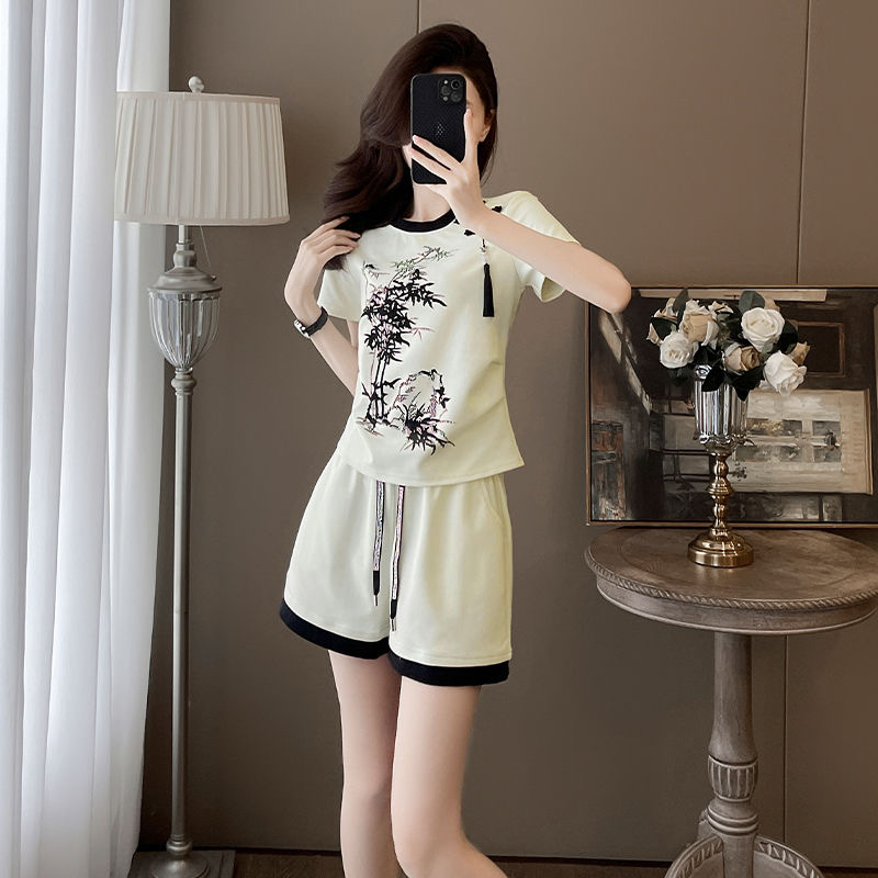 纯棉夏季新中式国风时尚网红套装女新中式休闲套装女短袖两件套