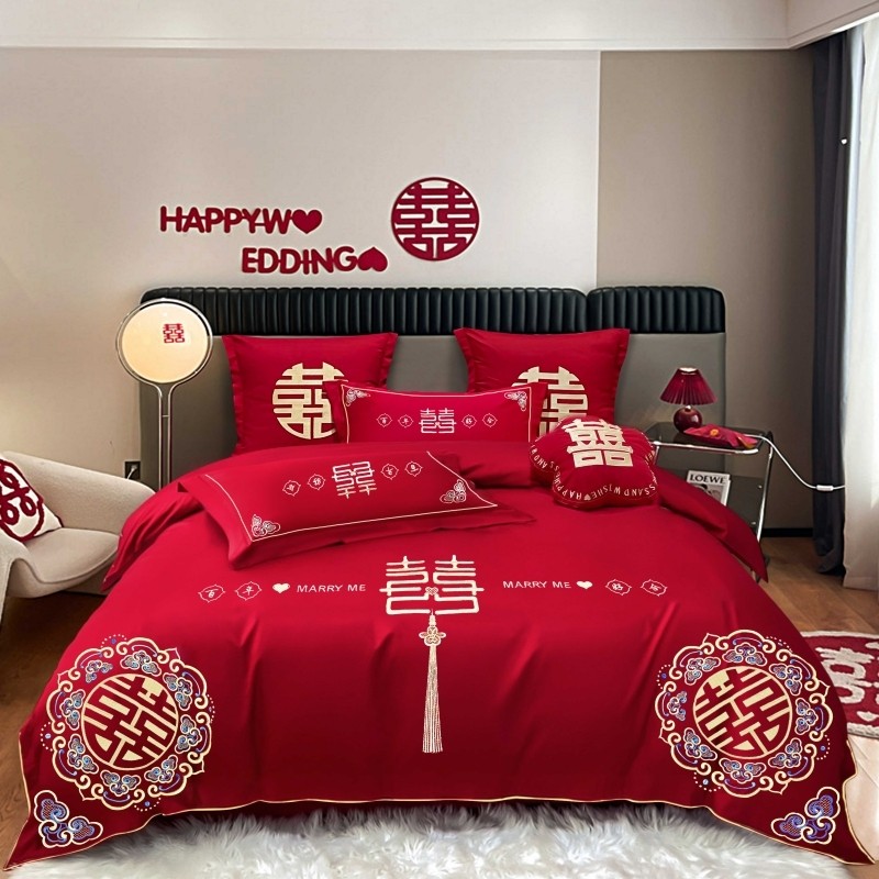 NEW WEDDING FOUR-PIECE SET BIG RED EMBROIDERY SIX-PIECE WEDDING ROOM WEDDING FESTIVE QUILT COVER DRAGON AND PHOENIX BEDDING