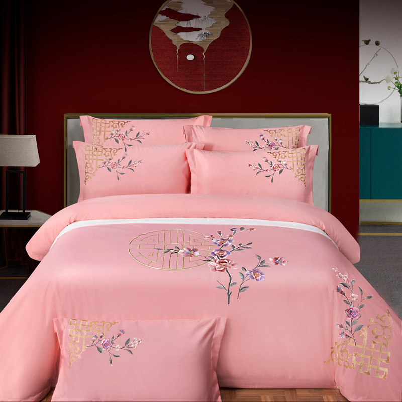 100支长绒棉婚庆四件套粉色公主风全棉刺绣新婚纯棉结婚床上用品4