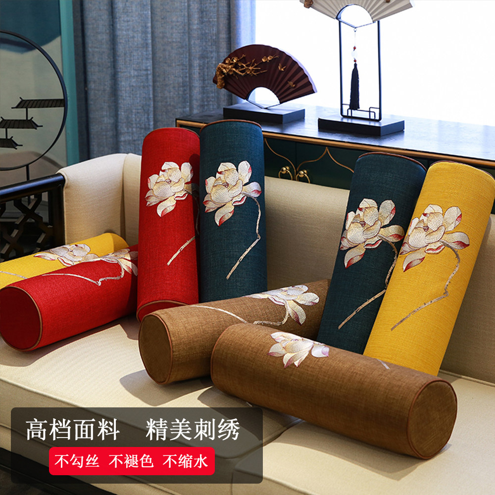 罗汉床两侧圆扶手枕长条抱枕客厅红木沙发靠垫荷花刺绣糖果枕含芯