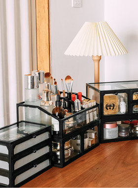 黑色大容量玻璃化妆品收纳盒桌面带抽屉透明护肤品化妆收纳置物架