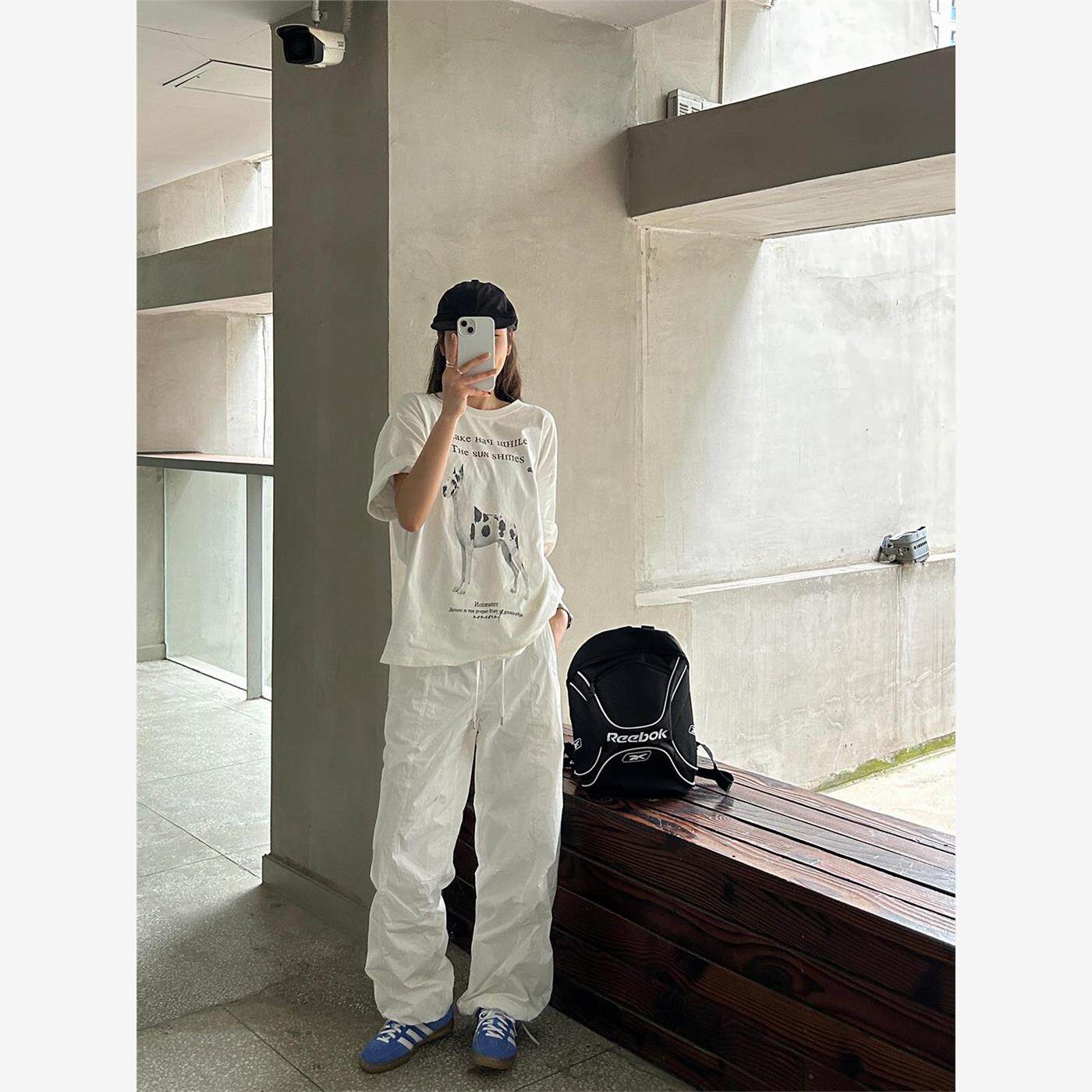 MySugarBabe白色伞兵裤女夏季束脚小众宽松百搭抽绳休闲阔腿裤子