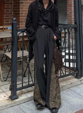 以休眠 复古小众山本耀司风侧面褶皱拼接设计阔腿裤拖地堆叠西裤