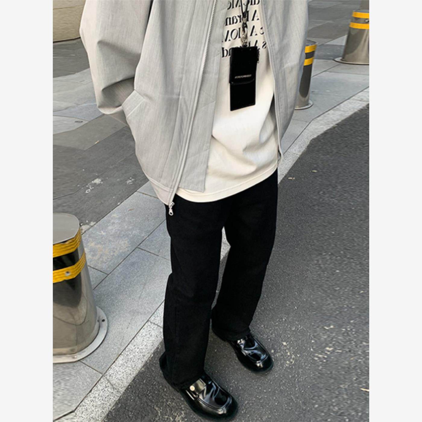 停机坪 黑色牛仔长裤潮牌男女修身高街水洗微喇叭直筒裤