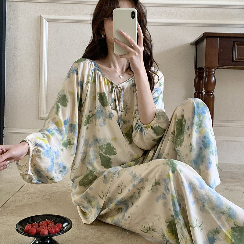 棉绸睡衣女长袖套装人造棉家居服