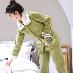 秋冬季法兰绒加绒加厚睡衣女套装甜美可爱冬季珊瑚绒家居服可外穿