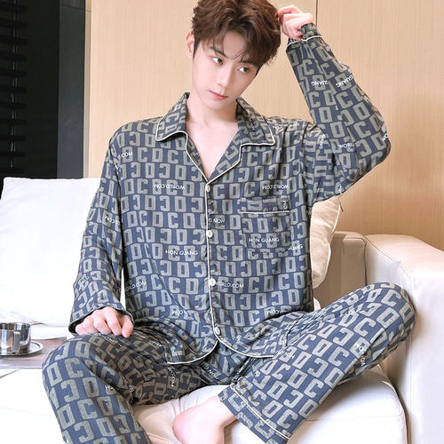 棉绸夏季薄款睡衣男款开衫两件套