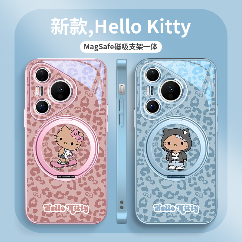 豹纹黑皮kitty猫手机壳带支架