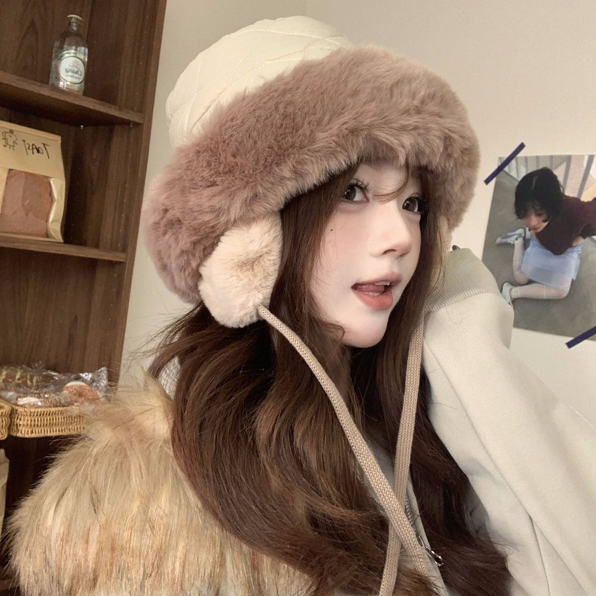 大脸蒙古护耳渔夫帽子男女秋冬季骑车显脸小加绒加厚盆帽防风保暖
