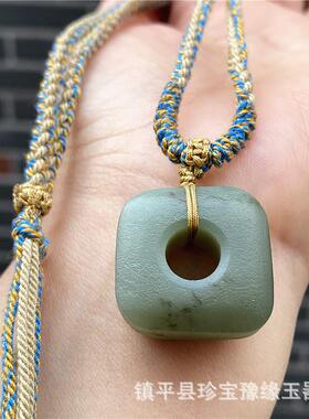 天然和田玉四方扣吊坠 青玉仿古平安扣勒子玉坠男女款挂件