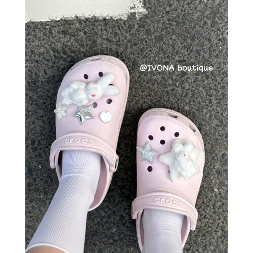 IVONA可爱毛绒兔子星洞洞鞋鞋花