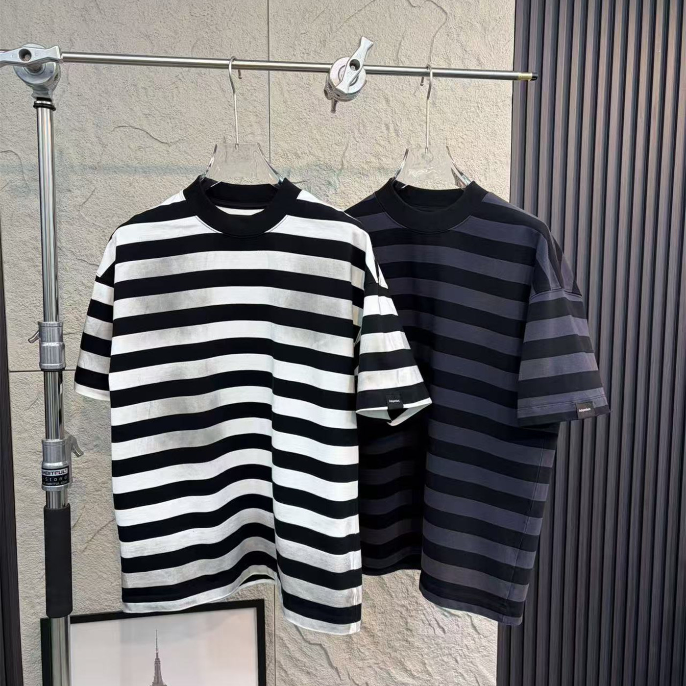 M先生复古条纹做旧宽松纯棉半袖短t男高级感小领口阔版短袖T恤衫