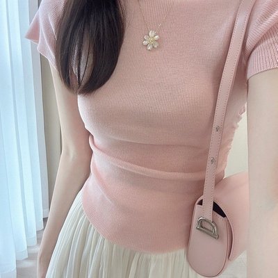 正肩粉色冰丝短袖t恤女夏