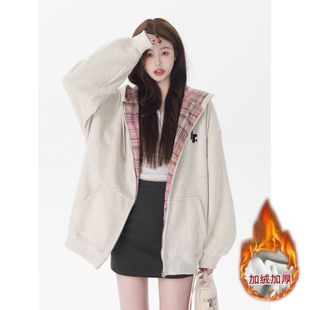 原版做工纯棉华棉复超柔冬季加绒撞色格子拉链衫连帽开衫卫衣