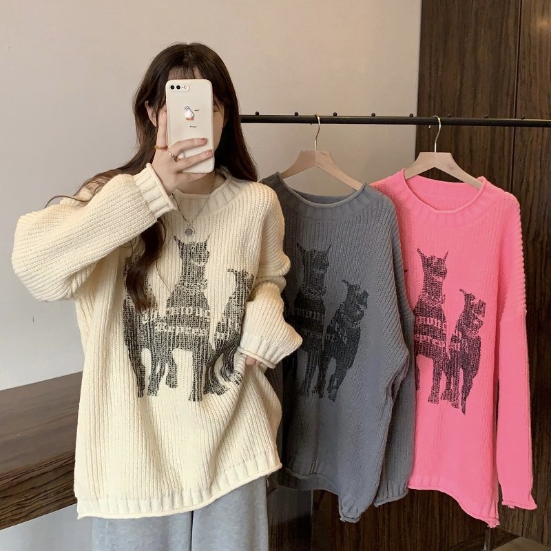 实拍大码秋冬设计感小众涂鸦印花宽松加厚套头针织毛衣1383,女装/女士精品,大码内搭,淘宝优惠券,粉丝福利购,淘宝优惠卷