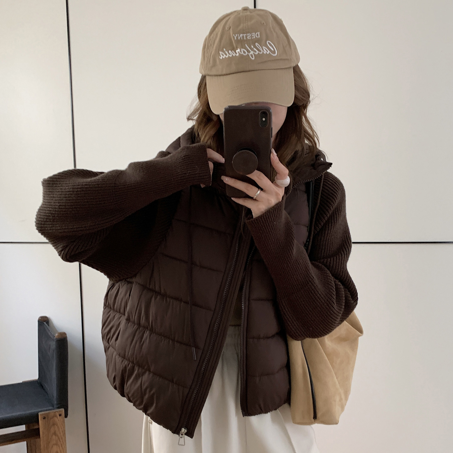 实拍轻薄针织毛衣袖拼接羽绒棉服女短款假两件2025冬季新百搭外套