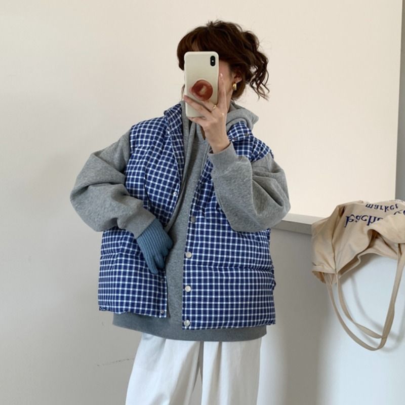 高级感蓝色格子羽绒棉衣
