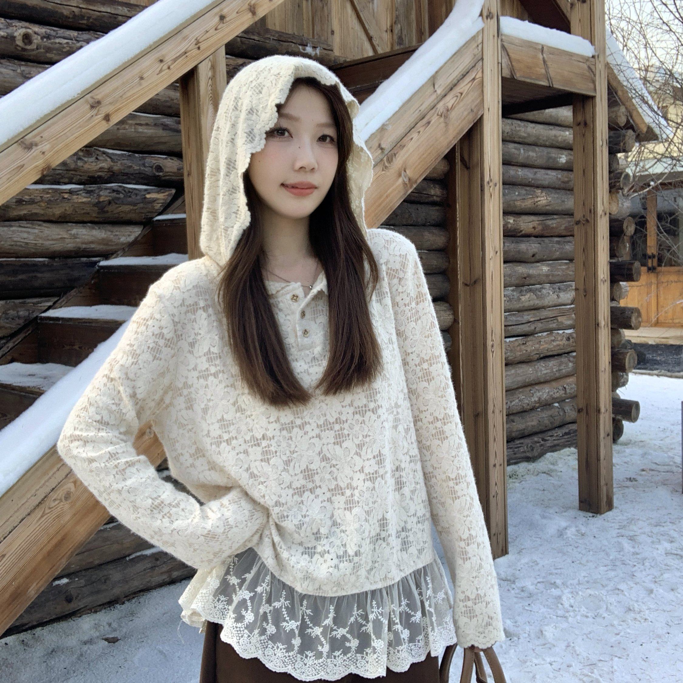 实拍大码韩版设计感连帽镂空蕾丝衫秋冬法式时尚打底衫上衣6093,女装/女士精品,大码内搭,淘宝优惠券,粉丝福利购,淘宝优惠卷