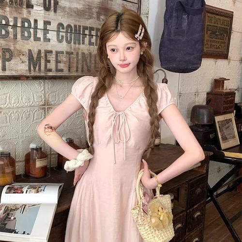 Acaine粉色长款v领收腰短