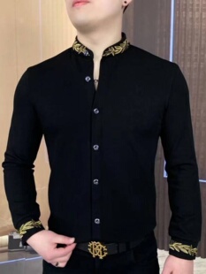 黑色长袖衬衫男士春秋季潮牌休闲刺绣卫衣青年痞帅中国风立领上衣