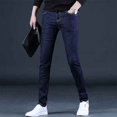 潮流修身牛仔裤男士深蓝色小脚弹力秋冬季新款加绒加厚休闲长裤子