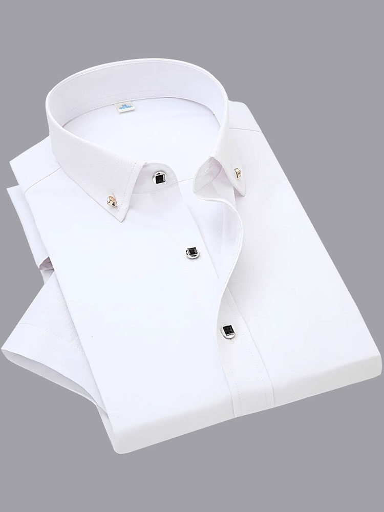 男士长袖白色衬衫薄款修身免烫短袖韩版男商务休闲纯色钻扣衬衣潮