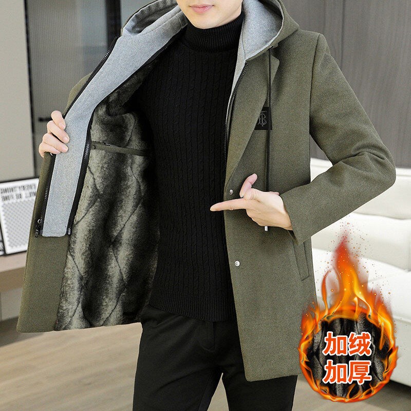 秋冬季连帽假两件毛呢大衣男青年中长款加绒加厚R呢子风衣外套冬