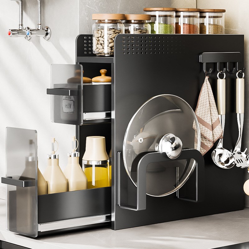 厨房置物架多功能抽拉式极窄边调料品盐调味罐收纳盒W台面调料架