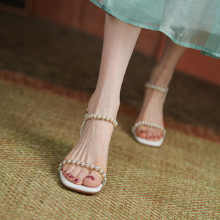 YCF 巨c美透明跟珍珠一字带凉鞋 女2021夏新款 仙女风粗高跟露趾鞋