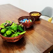 复古藤口竹篮有底座收纳篮桌面水果篮镂空竹编家用竹制品染色有脚