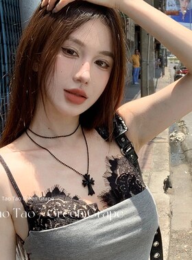 2024新款黑色串珠十字架项链女双层叠戴长款锁骨链甜酷辣妹配饰