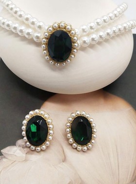 女礼服旗袍蕾丝裙配饰双层珍珠项链长短款套装复古优雅宴会锁骨链